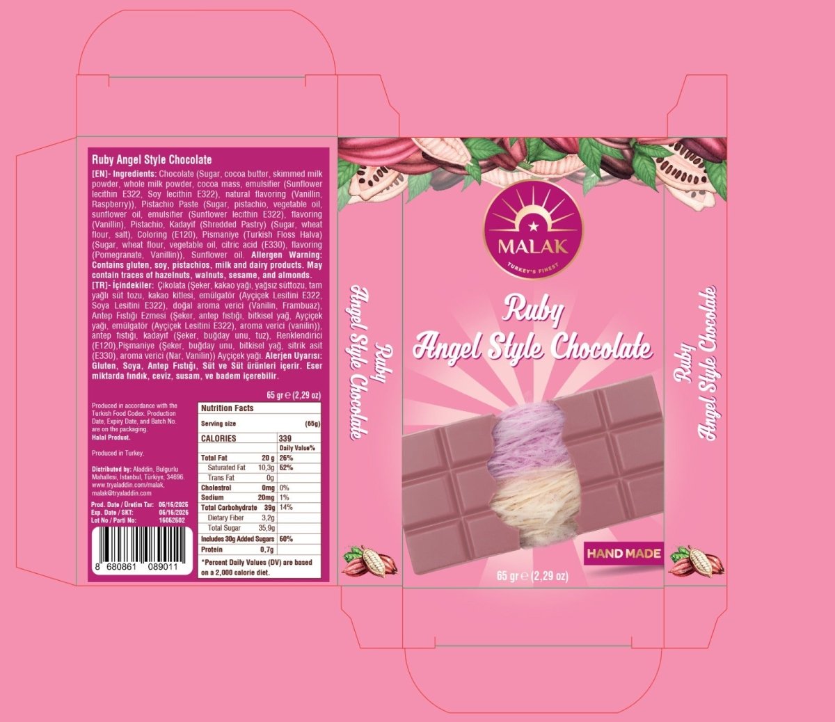 Malak Angel Hair Ruby Chocolate with Pistachio & Cotton Candy - 65gr - TryAladdin