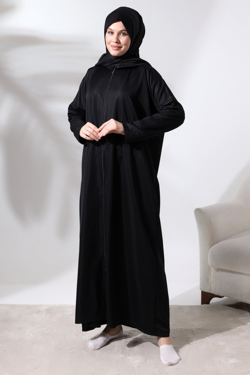 Women's One Piece Zippered Prayer Dress with Headscarf Black - TryAladdin